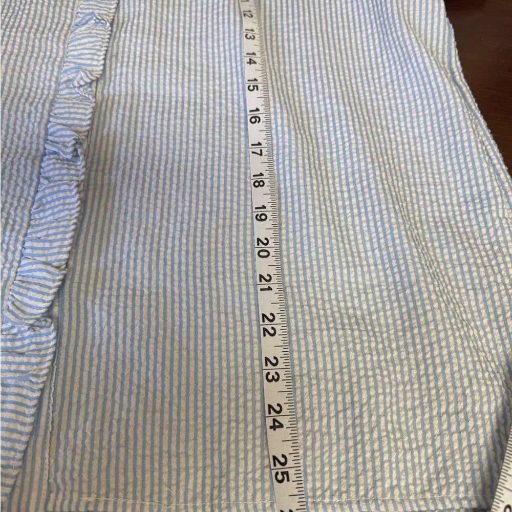Light Blue Seersucker Ruffle Button-Up Blouse - Picture 3 of 4